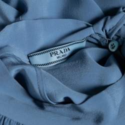 Prada Blue Silk Gathered Cuff Tie Detail Long Sleeve Blouse M