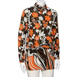 Prada Orange Floral Printed Jersey Long Sleeve Turtleneck Top M 