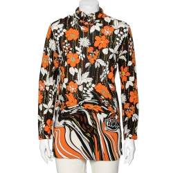 Prada Orange Floral Printed Jersey Long Sleeve Turtleneck Top M 