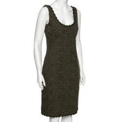 Pre Owned Prada Olive Green Floral Embroidered Wool Sleeveless Dress M