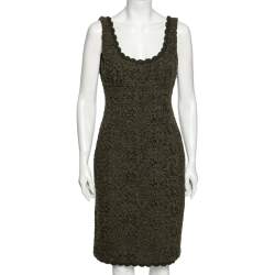 Pre Owned Prada Olive Green Floral Embroidered Wool Sleeveless Dress M