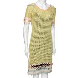 Pre Owned Prada Green Crochet Knit Embellished Short Sleeve Dress S