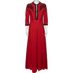 Prada Red Crepe Bead Embellished Long Sleeve pleated Gown M