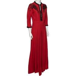 Prada Red Crepe Bead Embellished Long Sleeve pleated Gown M