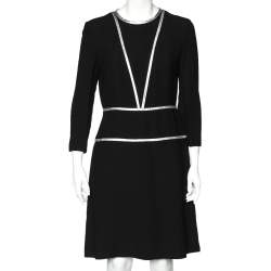 Prada Black Crepe Contrast Trim Detail Midi Dress M
