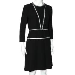Prada Black Crepe Contrast Trim Detail Midi Dress M