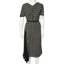 Pre Owned Prada Black Printed Crepe Asymmetric Hem Belted Midi Dress M