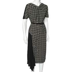 Pre Owned Prada Black Printed Crepe Asymmetric Hem Belted Midi Dress M