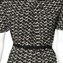 Pre Owned Prada Black Printed Crepe Asymmetric Hem Belted Midi Dress M