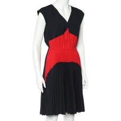 Prada Black & Red Crepe Elasticized Waist Plisse Midi Dress M