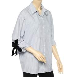 Prada Blue Striped Cotton Velvet Bow Detail Shirt M
