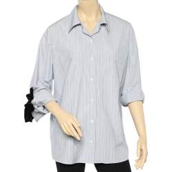 Prada Blue Striped Cotton Velvet Bow Detail Shirt M