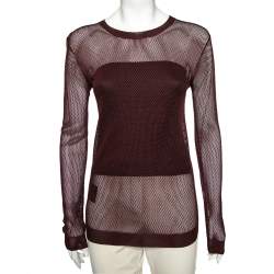 Pre Owned Prada Burgundy Open Knit Long Sleeve Top M