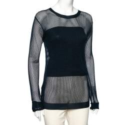Pre Owned Prada Blue Mesh Knit Long Sleeve T-Shirt M