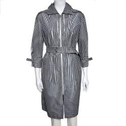 Prada Monochrome Checkered Silk Zip Front Belted Coat M