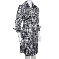 Prada Monochrome Checkered Silk Zip Front Belted Coat M