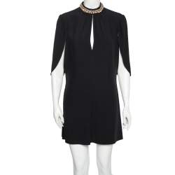 Prada Black Crepe Crystal Embellished Neck Cape Dress M 