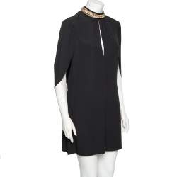 Prada Black Crepe Crystal Embellished Neck Cape Dress M 