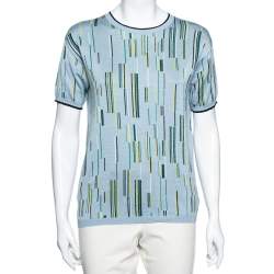 Pre Owned Prada Blue Printed Knit Short Sleeve Crew Neck Top M