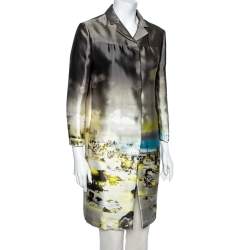 Prada Green Printed Satin Silk Button Front Lightweight Coat M