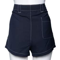 Prada Navy Blue Wool Crepe Contrast Stitch Detail Shorts M 