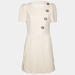 Prada Cream Wool Open Back Detail Button Front Pleated Dress M