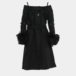 Prada Black Poplin Ostrich Feather Detail Off Shoulder Coat M