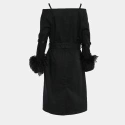 Prada Black Poplin Ostrich Feather Detail Off Shoulder Coat M