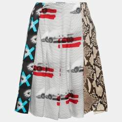 Prada Multicolor Printed Crepe & Python Leather Paneled Pleated Skirt S