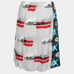 Prada Multicolor Printed Crepe & Python Leather Paneled Pleated Skirt S