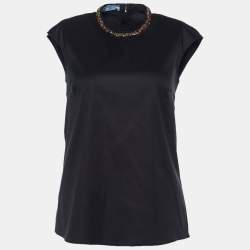 Prada Black Cotton Blend Embellished Collar Sleeveless Blouse S