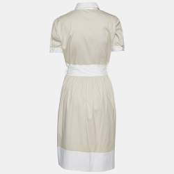 Pre Owned Prada Beige & Cream Stretch Cotton Pleated Shirt Dress L