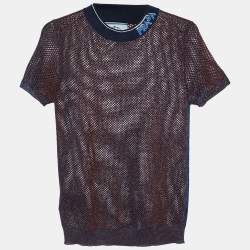 Prada Blue Lurex Perforated Knit Logo Detail Top M