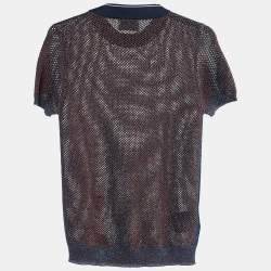 Prada Blue Lurex Perforated Knit Logo Detail Top M