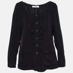 Prada Black Crepe Ruffle Trimmed Button Front Blouse L