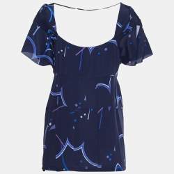 Prada Blue Geometric Print Crepe de Chine Silk Blouse L