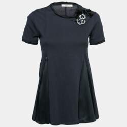 Prada Navy Blue Cotton & Silk Inset Applique Embellished T-Shirt S