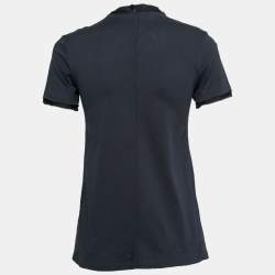 Prada Navy Blue Cotton & Silk Inset Applique Embellished T-Shirt S