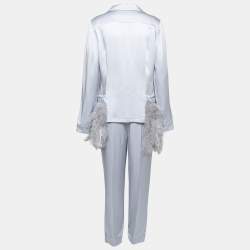 Prada Metallic Grey Satin Feather Detailed Pajama Suit L