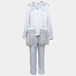 Prada Metallic Grey Satin Feather Detailed Pajama Suit L