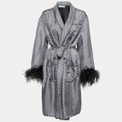 Prada Grey & Blue Paisley Print Silk Feather Cuff Robe Jacket L