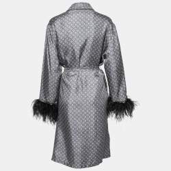 Prada Grey & Blue Paisley Print Silk Feather Cuff Robe Jacket L