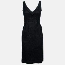 Pre Owned Prada Black Tweed Knit V-Neck Sleeveless Dress M