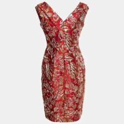 Prada Red Floral Jacquard Bow-Detail Midi Dress M   