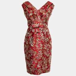 Prada Red Floral Jacquard Bow-Detail Midi Dress M Prada | TLC