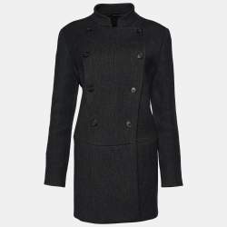 Prada Vintage Dark Grey Striped Wool Double Breasted Peacoat L