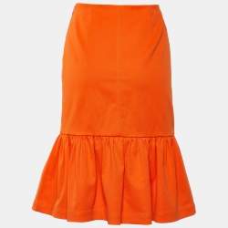 Prada Orange Cotton Ruffled Hem Midi Skirt S