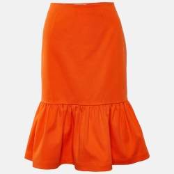 Prada Orange Cotton Ruffled Hem Midi Skirt S