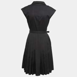 Prada Black Cotton Belted Pleated Midi Dress S