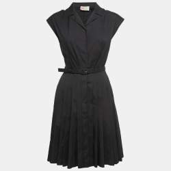 Prada Black Cotton Belted Pleated Midi Dress S